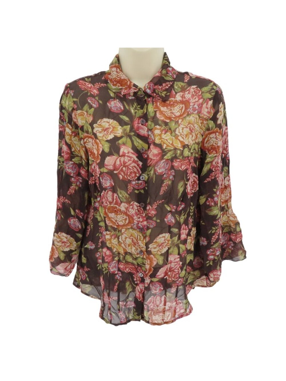 Cabi Women Medium Silk Multicolor Rose Flower Floral Print Button Shirt Blouse